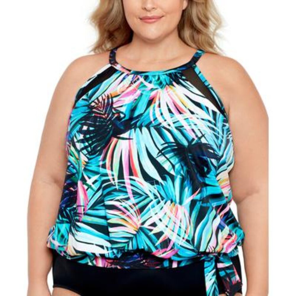 NWT Swim Solutions Women's High Neck Tie-Waist Tankini Top Size 20W $60 LLL391
